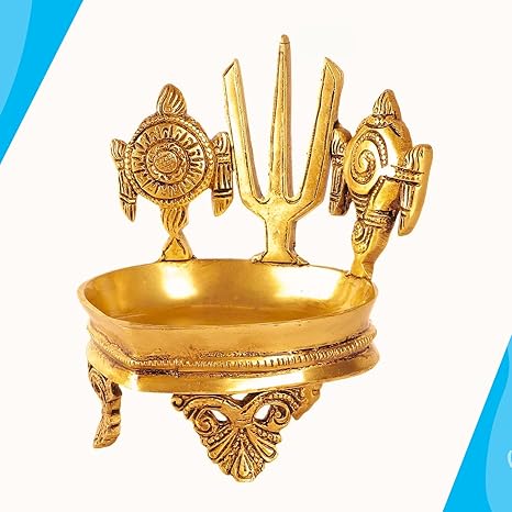 Shankh Chakra Namah Brass Diya for Pooja Room Length 10 Cms, Width: 10 Cms, Height: 13 Cms