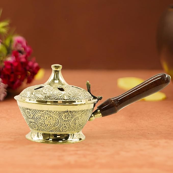 Aarti Sambrani Stand & Loban Dhoop Burner Brass with Wooden Holder.