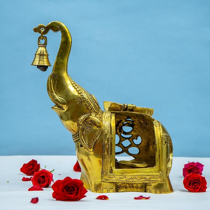 Brass Elephant Lamp with Small Diya,Dhoopdani Elephant Holder with Bell (10.5 Inch height )
