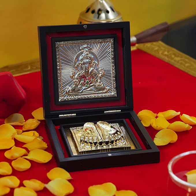 Ganesh Paduka Photo Frame with Shubh Labh Charan Paduka for Pooja Room, Return Pooja Gift Box Set