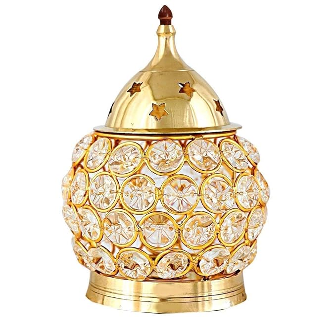 Akhand Diya Decorative Brass Oval Shaped Crystal Oil Lamp