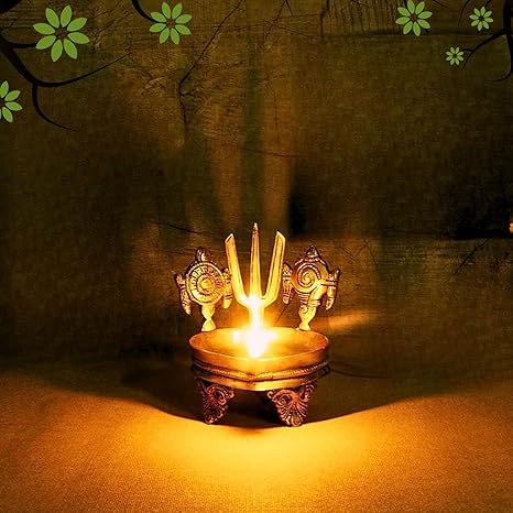 Shankh Chakra Namah Brass Diya for Pooja Room Length 10 Cms, Width: 10 Cms, Height: 13 Cms