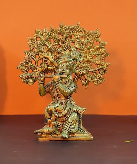 Lord Krishna Sitting Under a Tree with Peacock Brass Statue