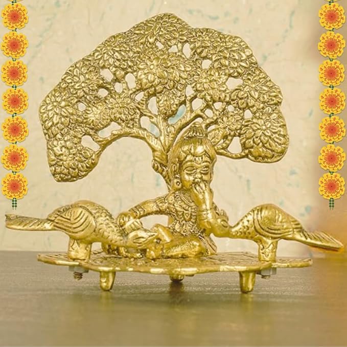 Metal Krishna Antique Golden Sitting Under Tree