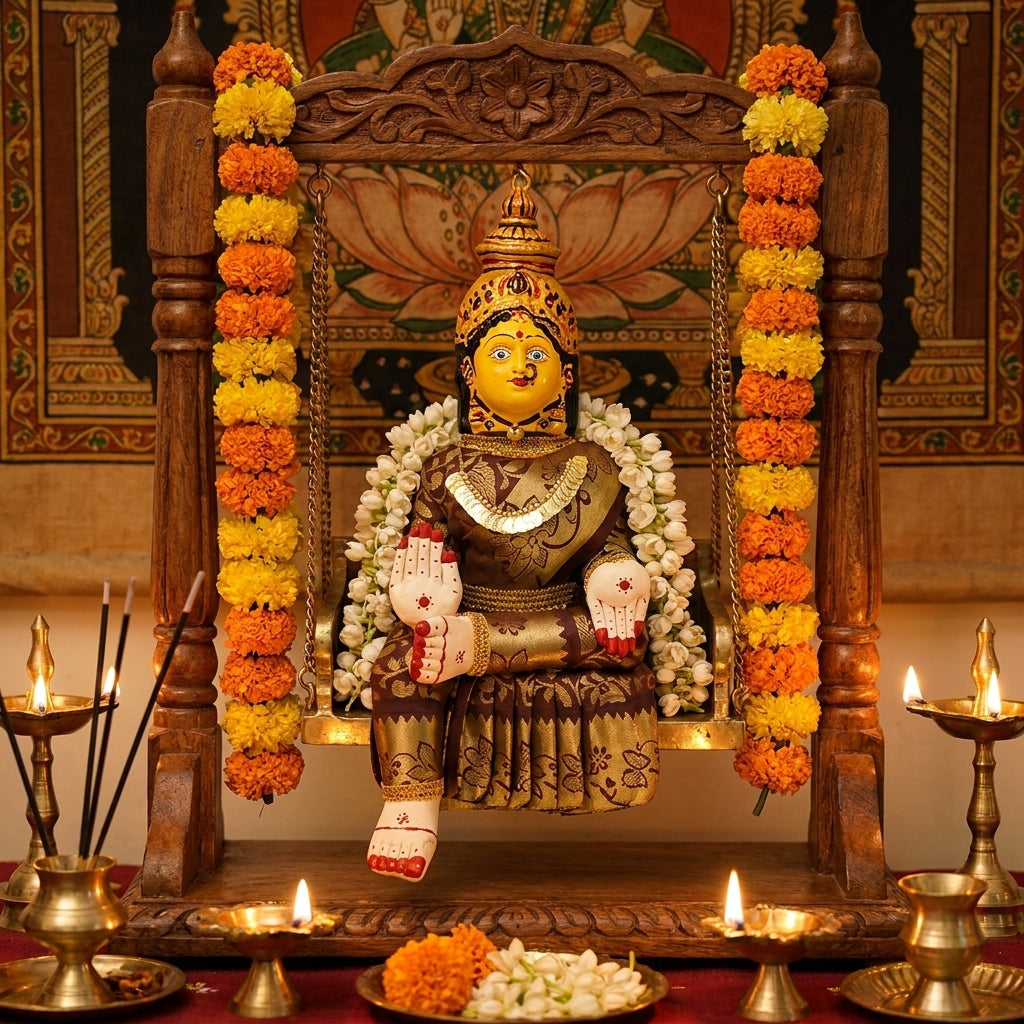 Varamahalakshmi Idol Gold and Maroon Saree