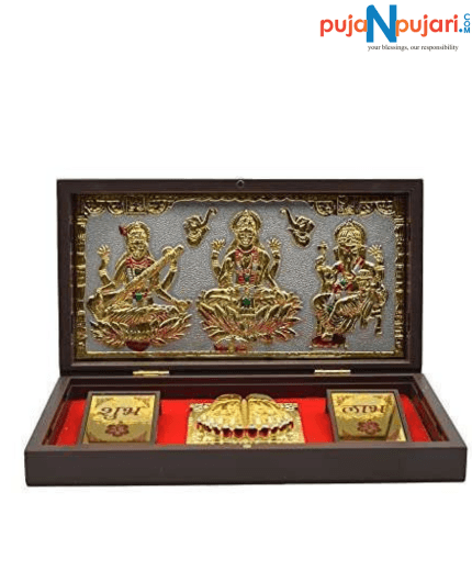 Lakshmi Ganesh Saraswati Frame with Charan Paduka