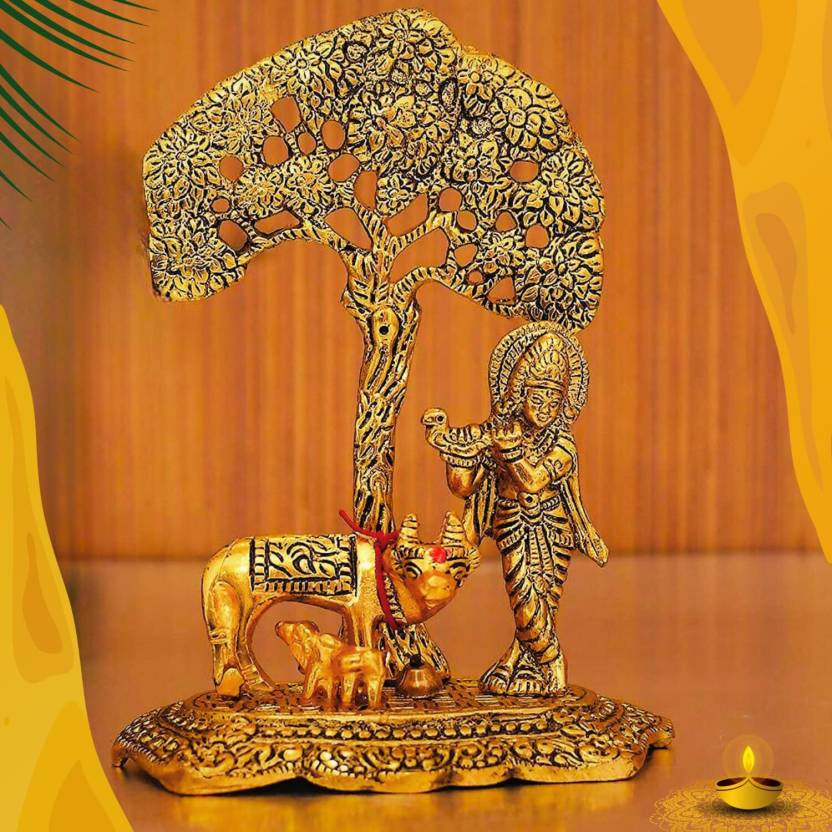 Metal Lord Krishna with Cow Idol Standing Under Tree Decorative Showpiece