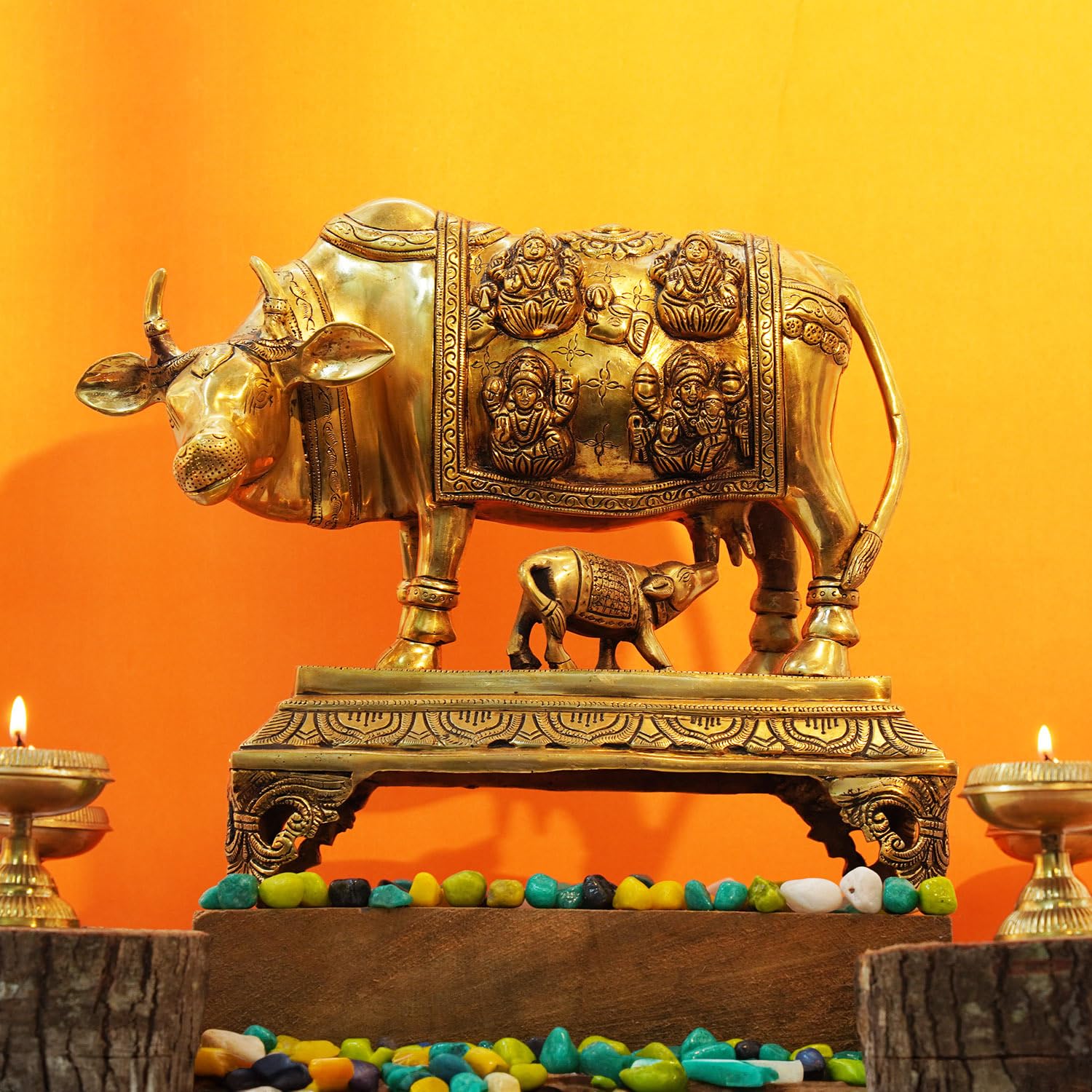Brass Golden Kamdhenu Cow with Calf - Spiritual Vastu Nandi Puja Figurine Sculpture.
