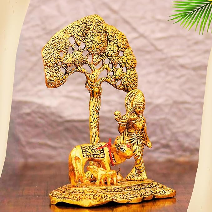 Lord Krishna Decorative Showpiece with Cow Idol Standing Under Tree