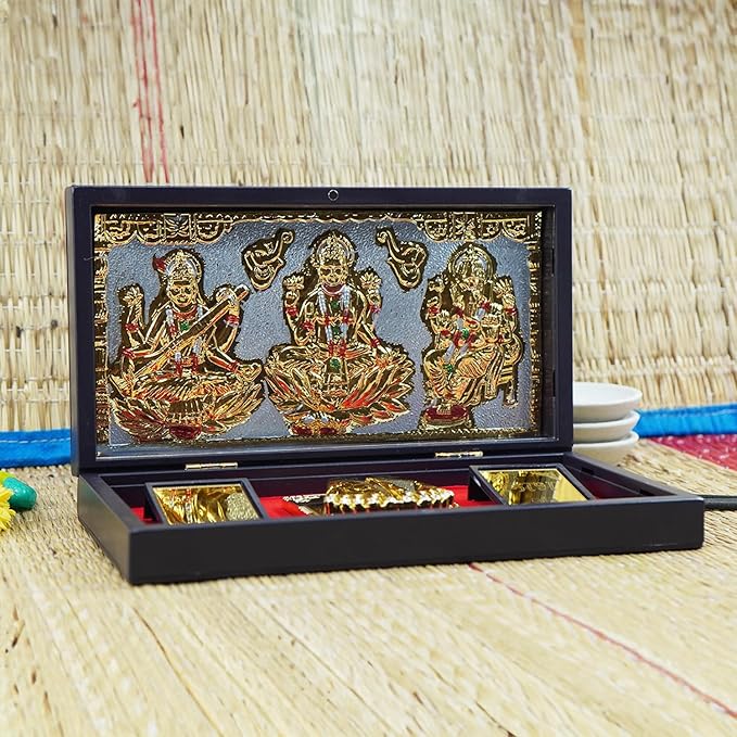 Lakshmi Ganesh Saraswati Frame with Charan Paduka