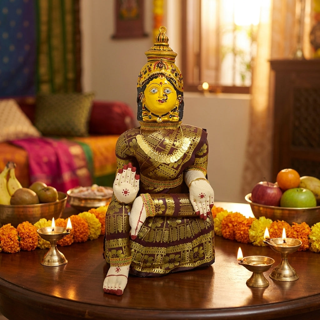 Varamahalakshmi Idol Gold and Brown Saree