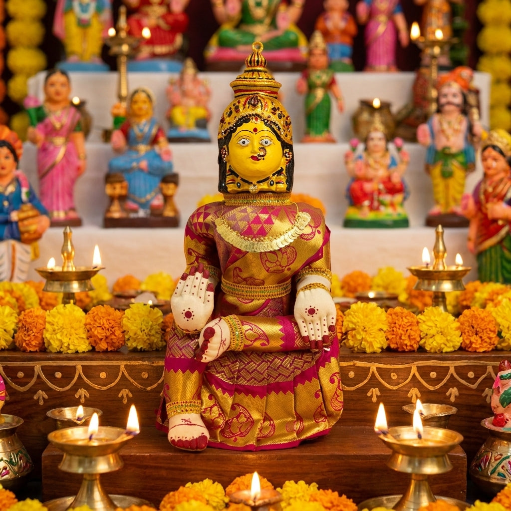 Varamahalakshmi Idol Gold and Pink Saree