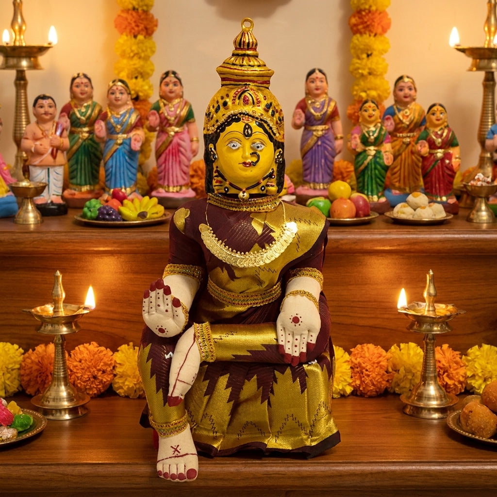 Varamahalakshmi Idol Gold and Maroon Saree