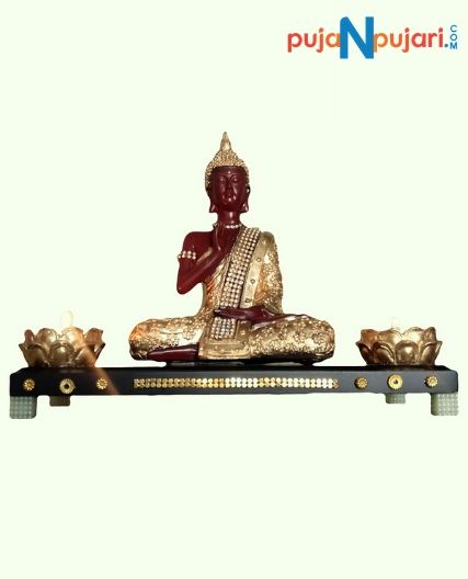 Meditating Buddha Statue on Wooden Tray