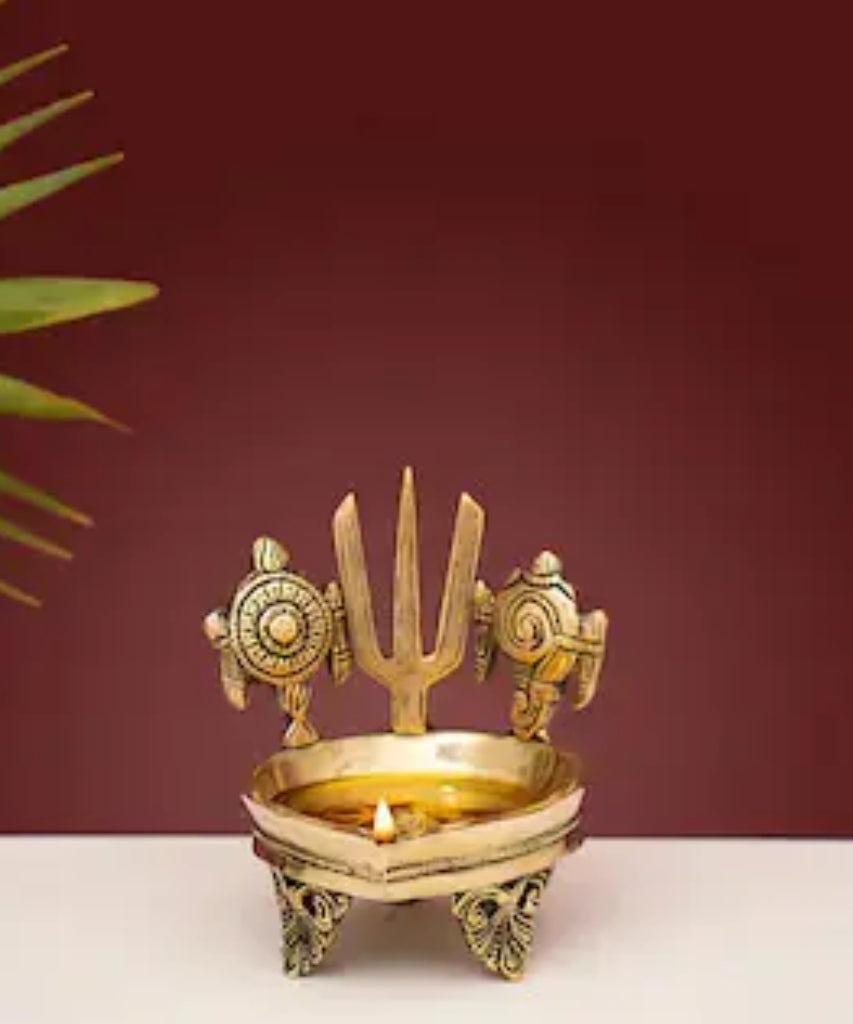 Shankh Chakra Namah Design Brass Diya