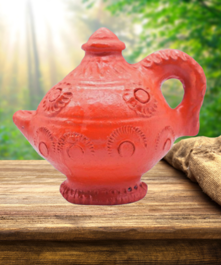 Handmade Orange Color Mud Diya Deepam with Handle
