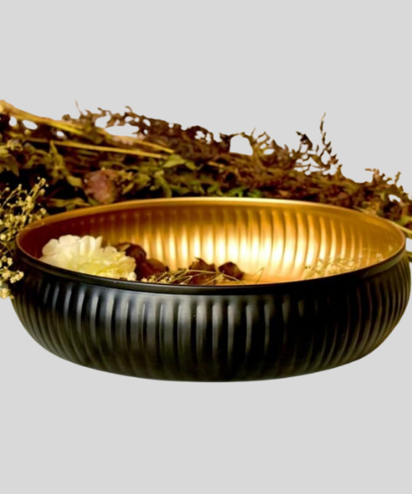 Ribbed Black & Matte Gold Urli Bowl |-10-Inch Handcrafted Decorative Bowl for Floating Flowers .