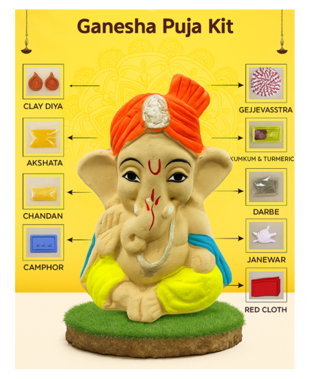 Ganesha Puja Samagri Kit with Clay Ganesha Murti – 10 Essential Items for Ganpati Pooja, Ganesh Chaturthi & Ganesha Pujan | Complete Puja Set for Home Temple & Festival Rituals