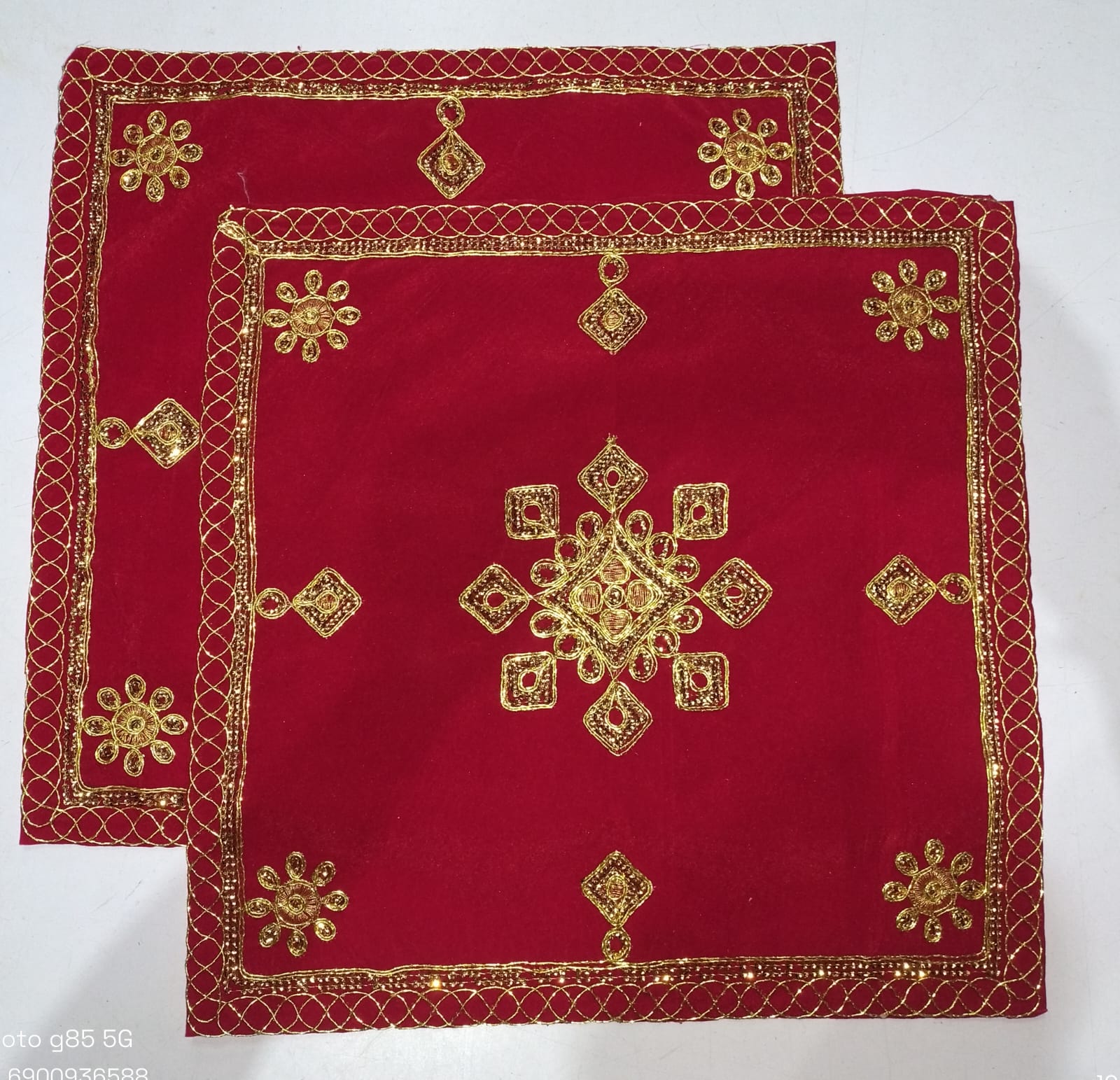 Red Velvet Pooja Assan Cloth for Home Temple ( Altar cloth )( Pack of 2 Ps )