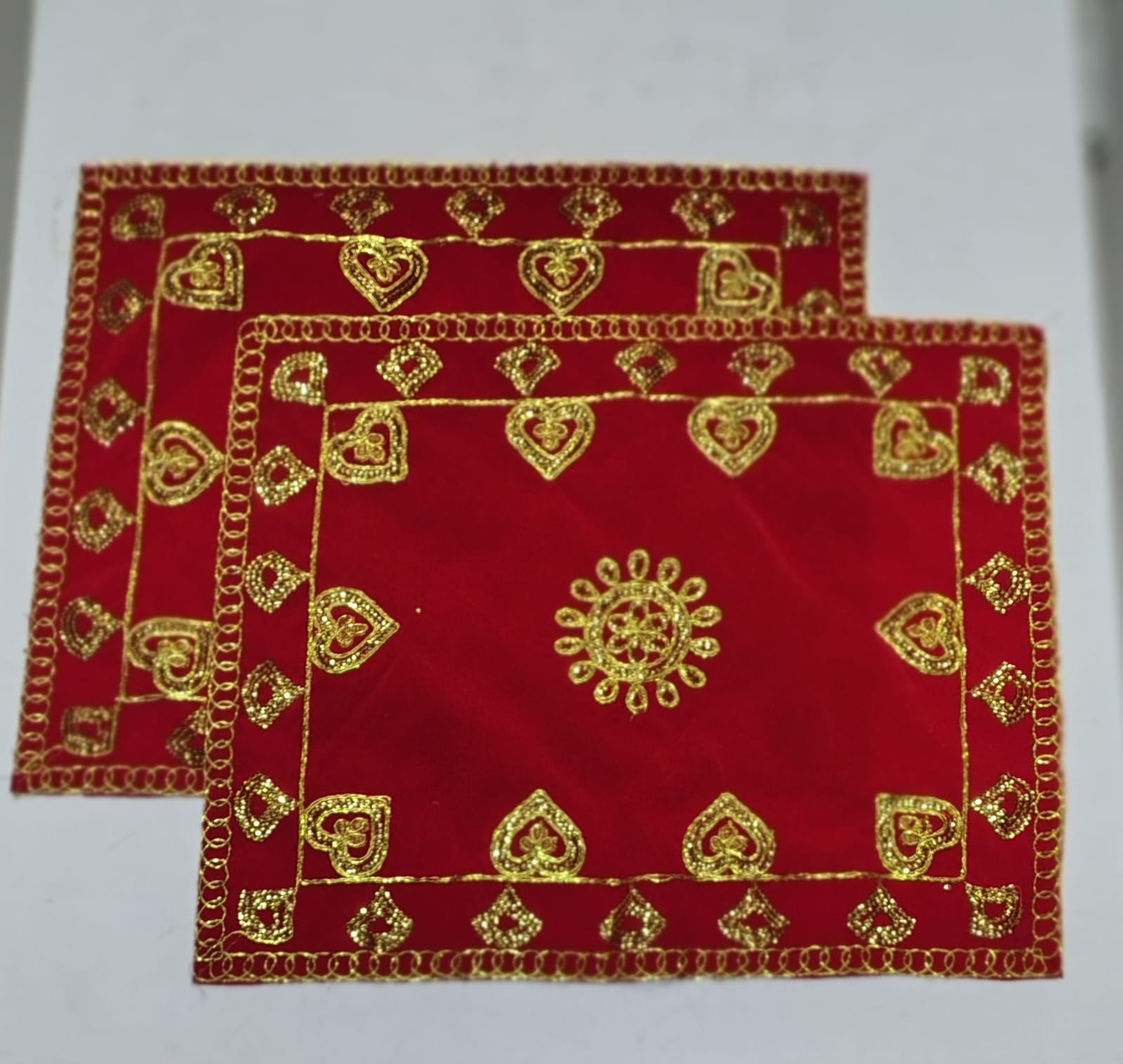 Red Velvet Pooja Assan Cloth for Home Temple ( Altar cloth )( Pack of 2 Ps )
