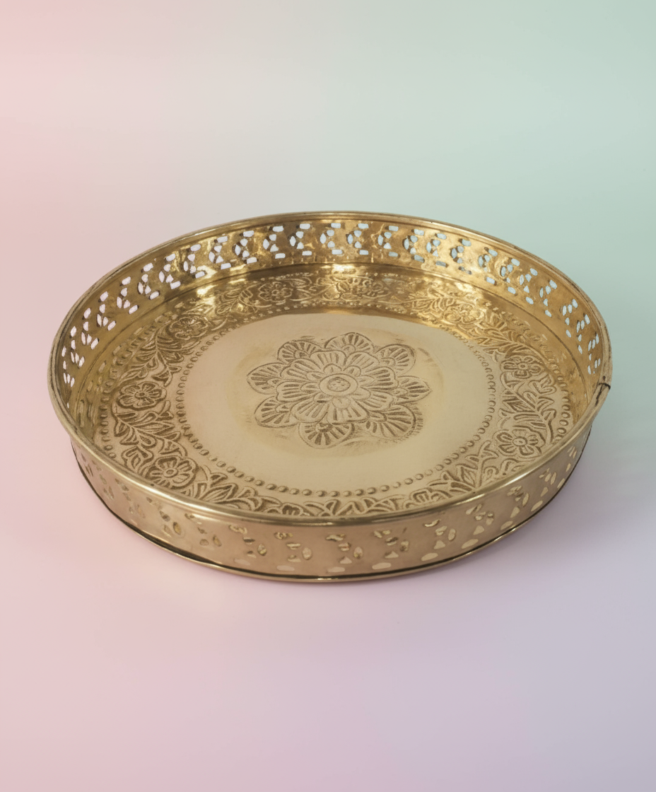 Floral Leafy Pattern And Jali Design Brass Pooja Thali For Home Use| 25 cm(284 g)
