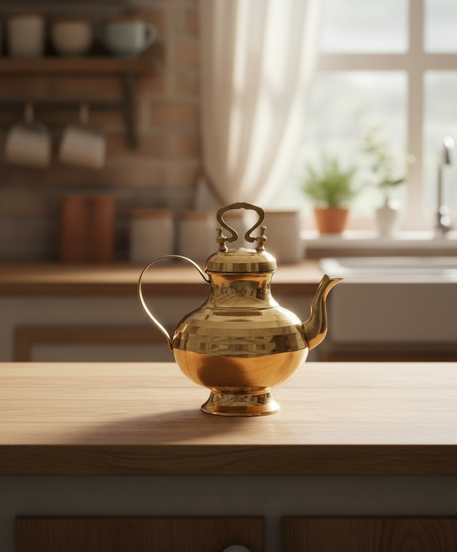 Brass Tea Kettle Pot Inside Tin Lining for Serving Tea Coffee, Tableware | Antique Brass Kettle | Tea Pot with Handle | Ideal Gift for Home Decor (Gold, Medium), (26cm x 16cm x 28cm)