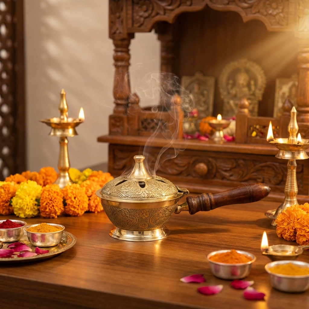 Aarti Sambrani Stand & Loban Dhoop Burner Brass with Wooden Holder.