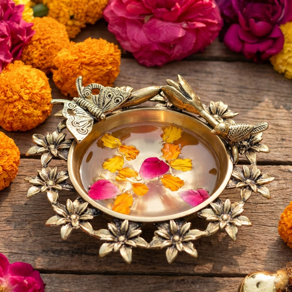 Brass Flower Urli Bowl with Bird and Butterfly,Urli Bowl in Brass, Traditional bowl for flower decoration,