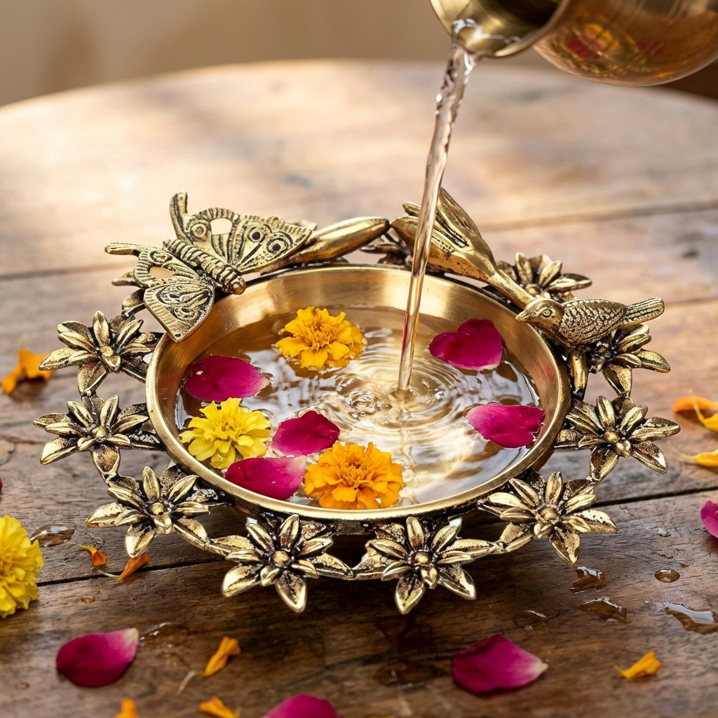 Brass Flower Urli Bowl with Bird and Butterfly,Urli Bowl in Brass, Traditional bowl for flower decoration,