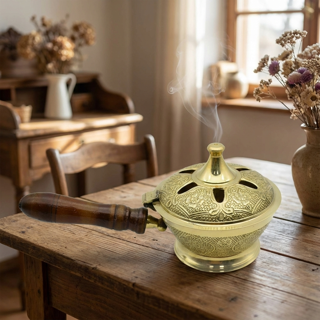 Aarti Sambrani Stand & Loban Dhoop Burner Brass with Wooden Holder.