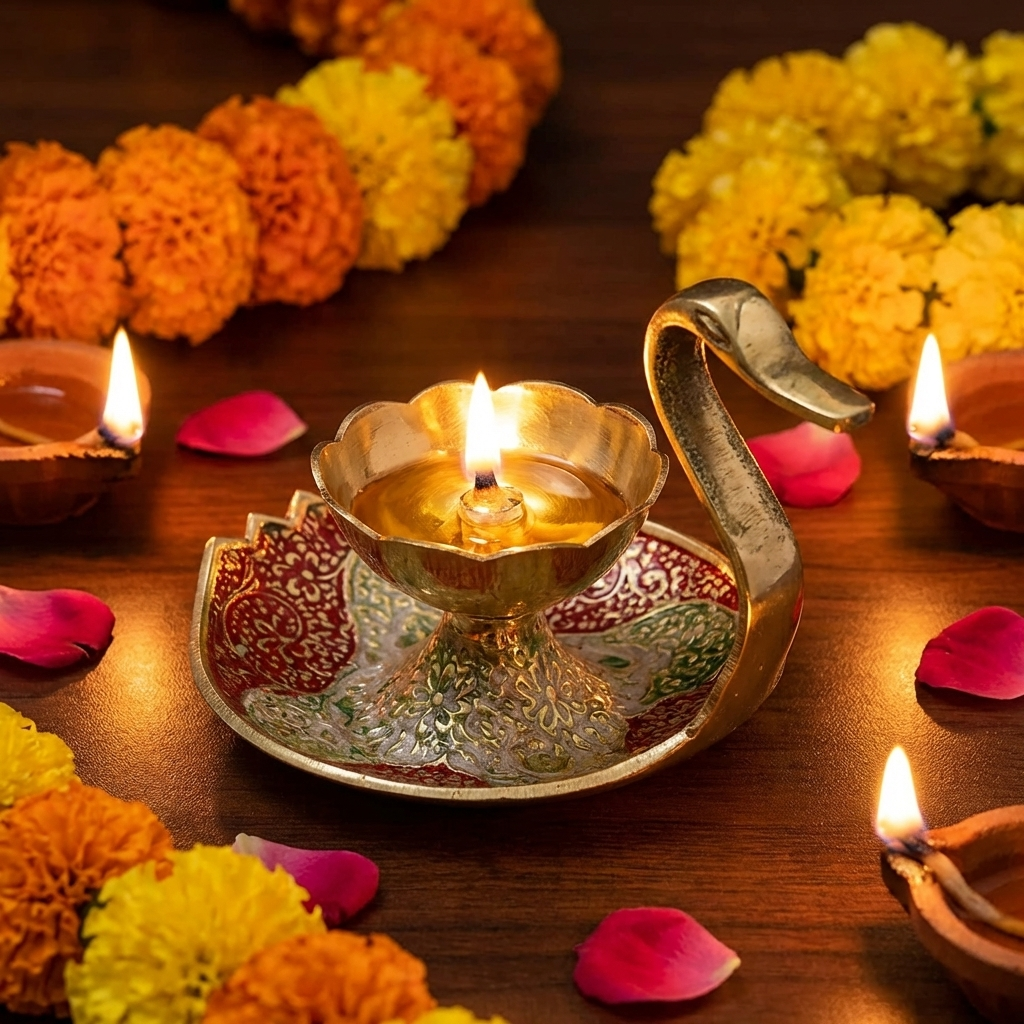 Brass Diya Lamp Kuber Deepak With Swan Design