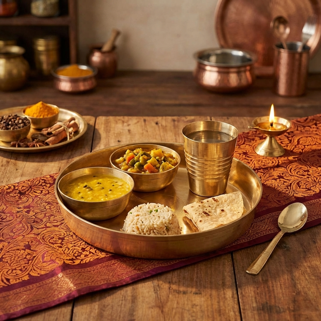 Brass Laddu Gopal Bhog Thali Set with 2 Katori, 1 Glass, 1 Spoon for Temple Home Décor Brass (5 Pieces, Gold).