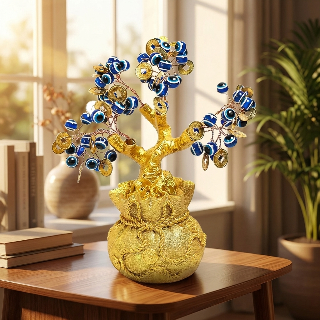 Feng Shui Evil Eye Money Tree for Home Decor – Spiritual Good Luck & Protection Tree ( Lenth-6cm,width-6cm,Height-15cm )