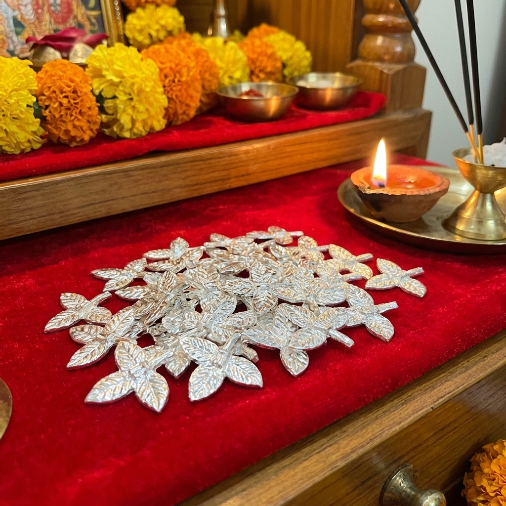 Silver Plated Puja Belpatra Leaves 108 Pieces
