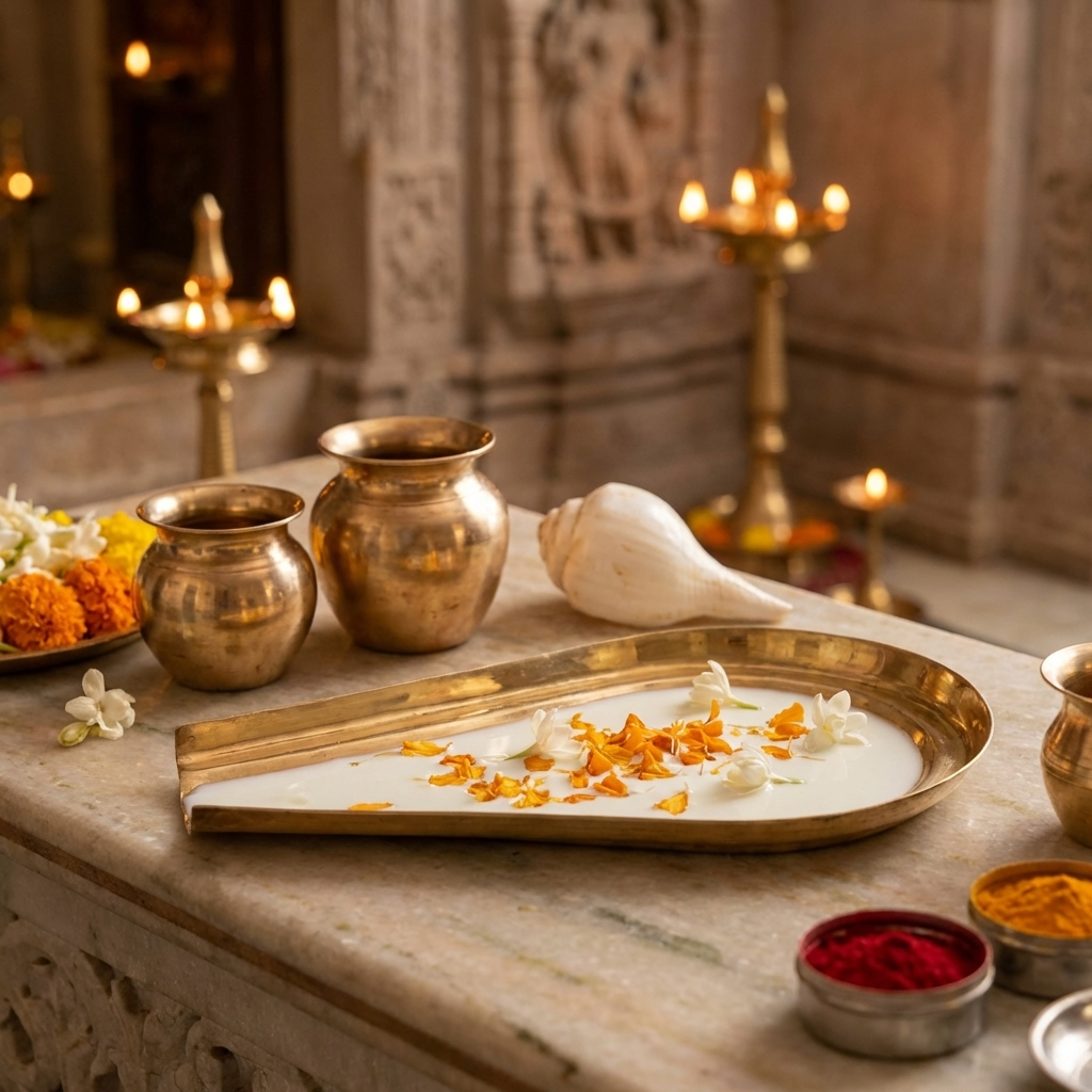 Round Design Plain Brass Abhishekam Plate Patra for God Idols (17 CMS )