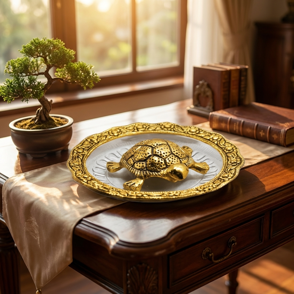 Golden Feng Shui Turtle with Plate