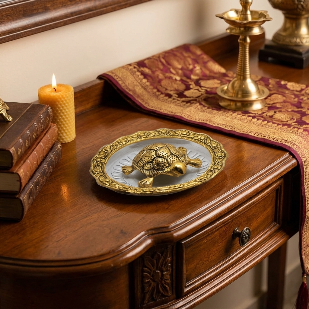 Golden Feng Shui Turtle with Plate