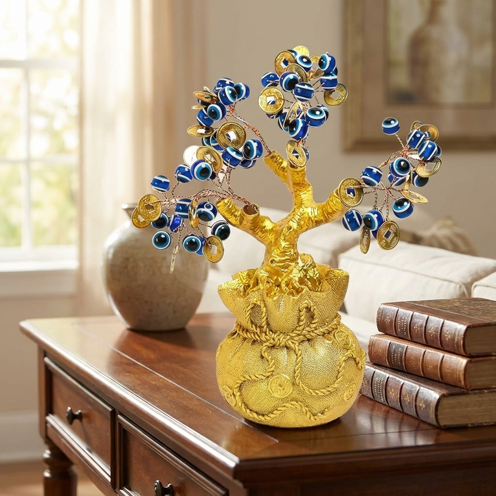 Feng Shui Evil Eye Money Tree for Home Decor – Spiritual Good Luck & Protection Tree ( Lenth-6cm,width-6cm,Height-15cm )