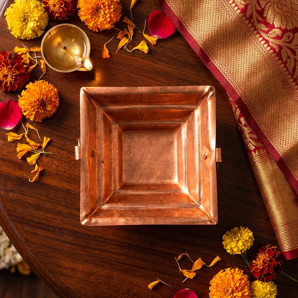 Pure Copper Havan Kund with Handle | Agnihotra Yagna Kund (17 × 17 × 7 cm, 250g)