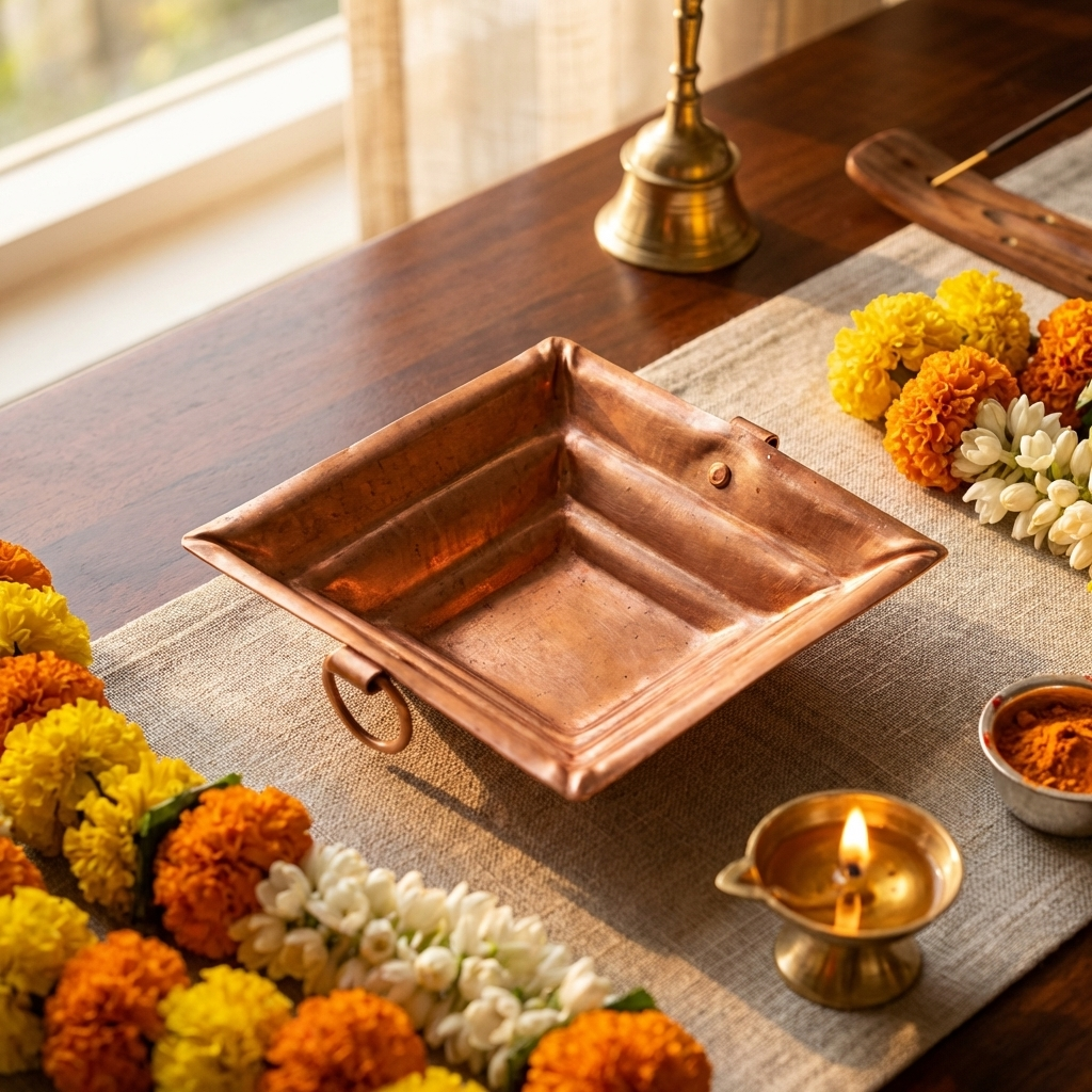 Pure Copper Havan Kund with Handle | Agnihotra Yagna Kund (17 × 17 × 7 cm, 250g)