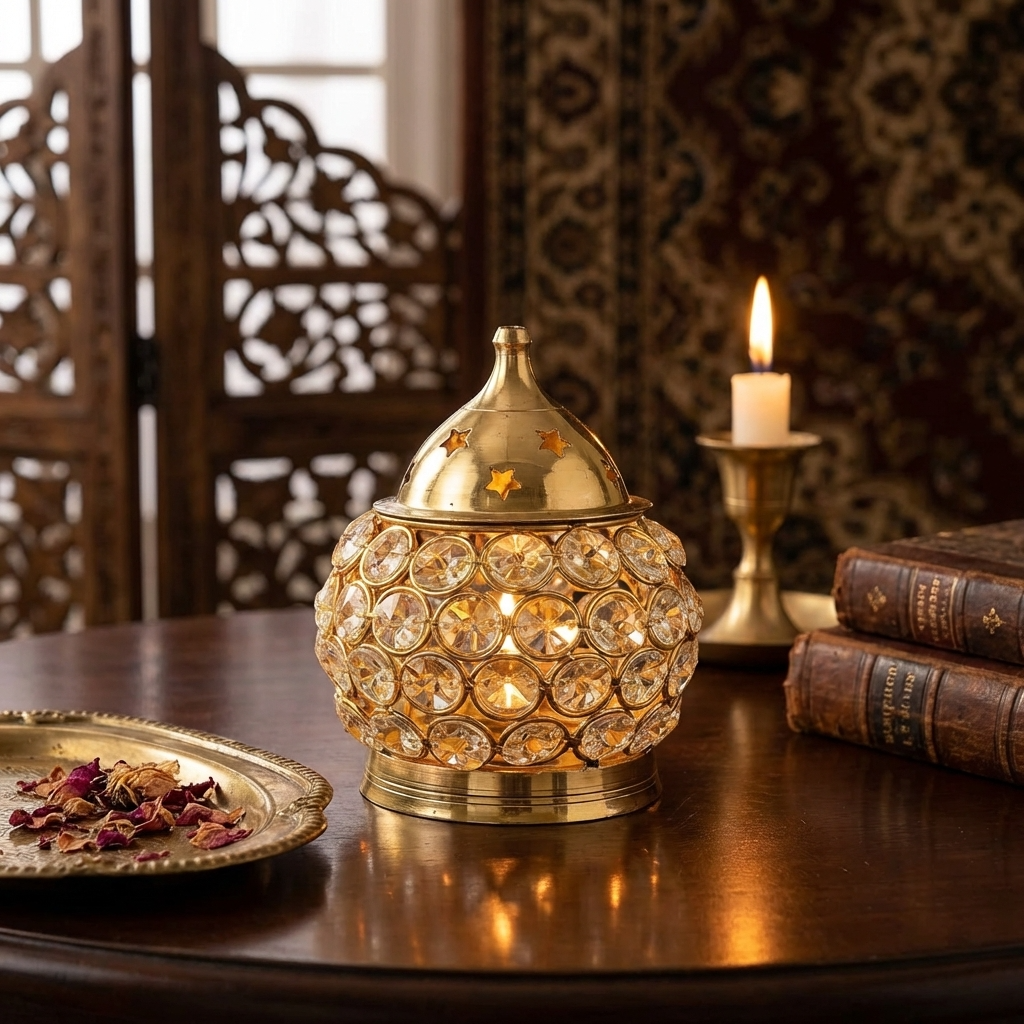 Akhand Diya Decorative Brass Oval Shaped Crystal Oil Lamp