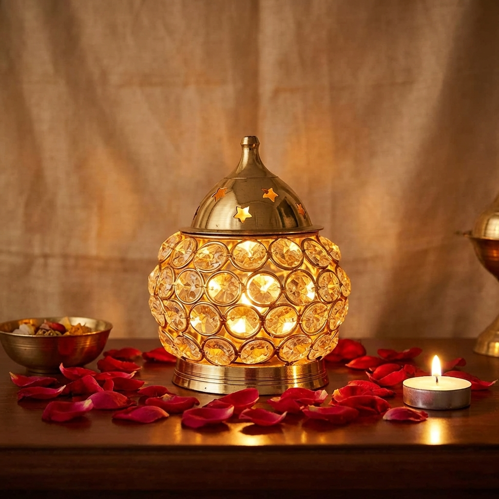Akhand Diya Decorative Brass Oval Shaped Crystal Oil Lamp