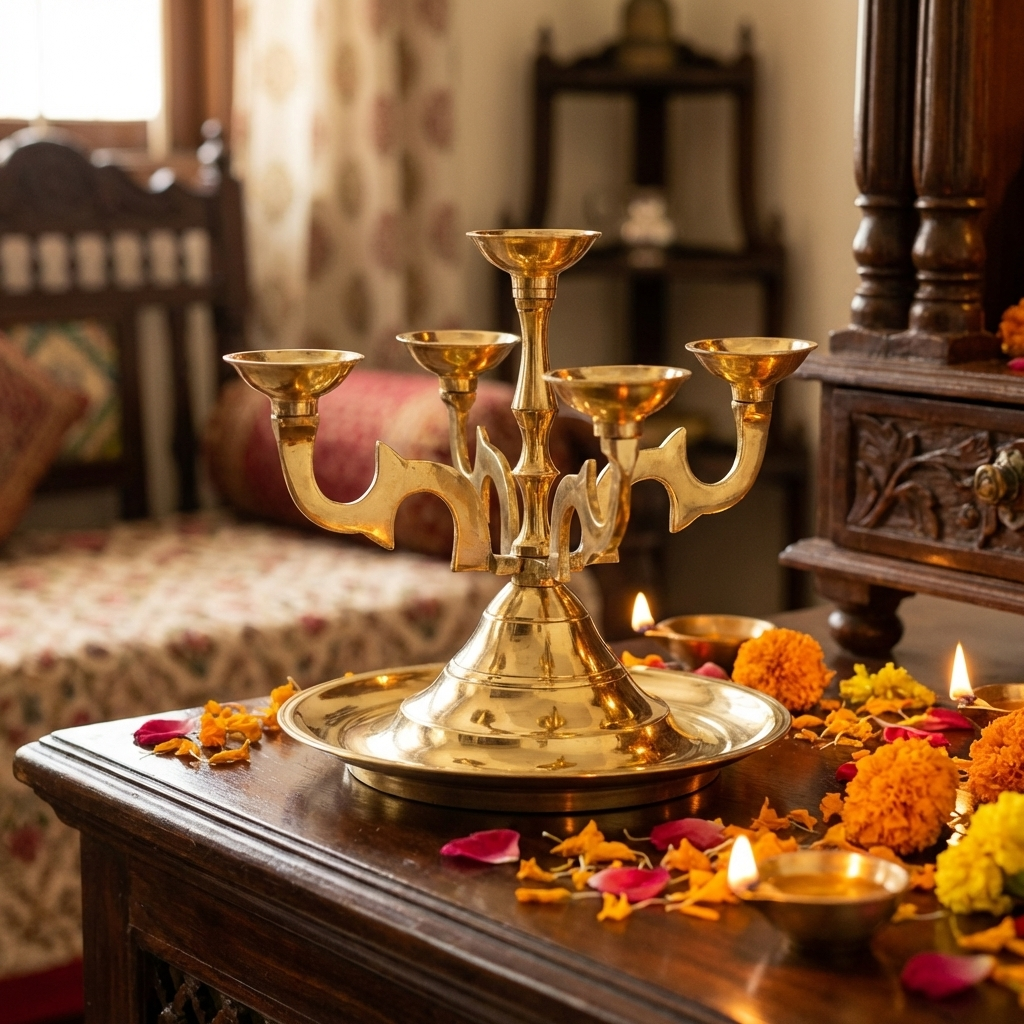 Brass Pancha Aarti Diya for Pooja Room