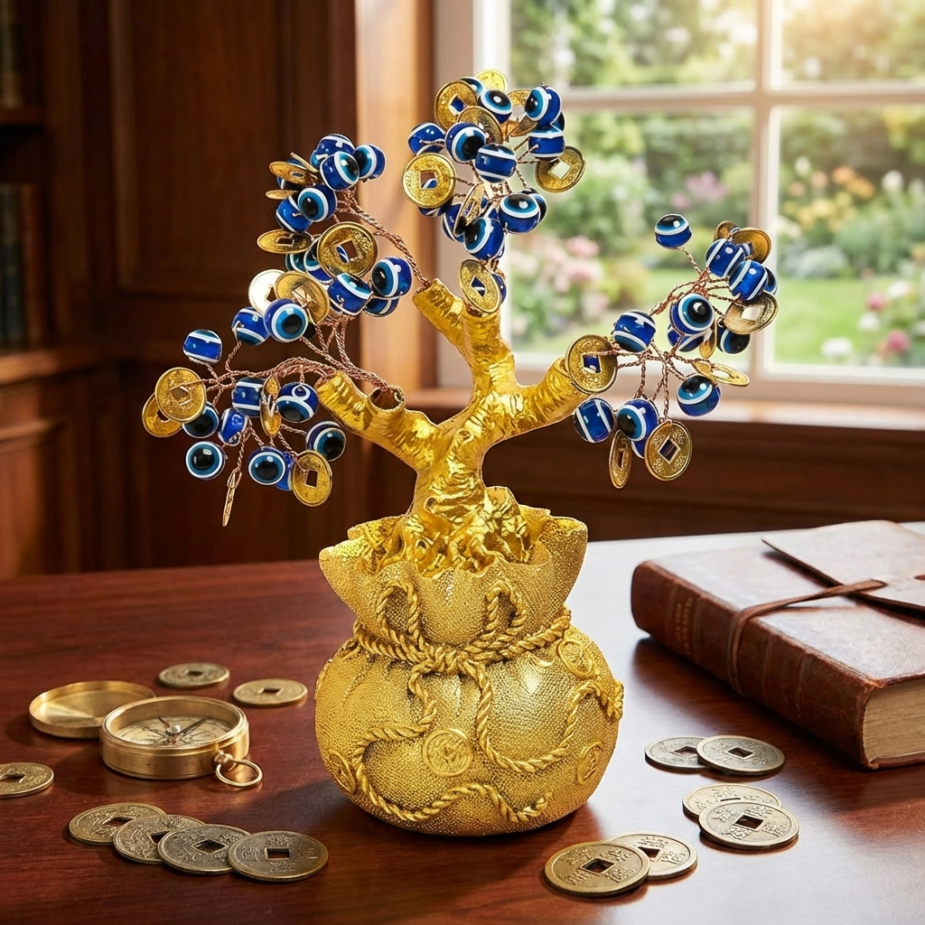 Feng Shui Evil Eye Money Tree for Home Decor – Spiritual Good Luck & Protection Tree ( Lenth-6cm,width-6cm,Height-15cm )