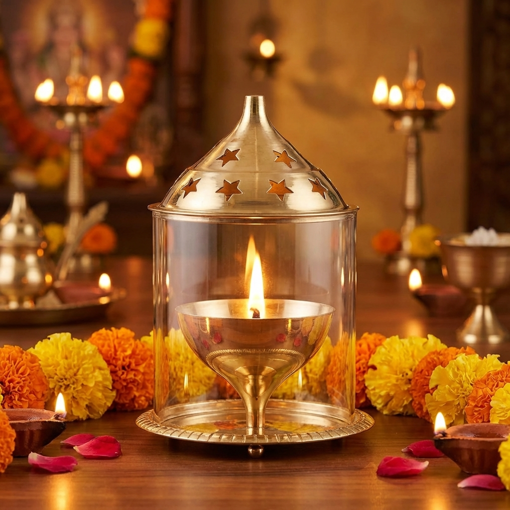 Brass Akhand Diya with Glass Cover