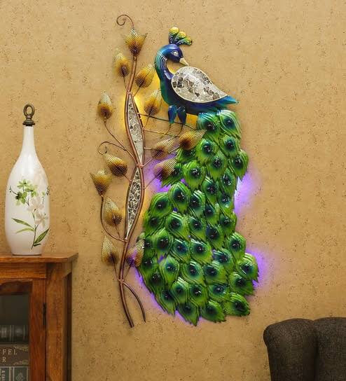 Peacock Wall Hanging - Metal Wall Art with Led Lights - Big Size