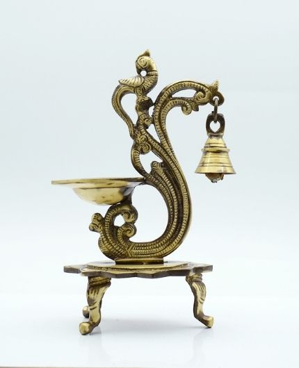 Peacock Design Brass Diya with Bell for Puja Mandir and Diwali