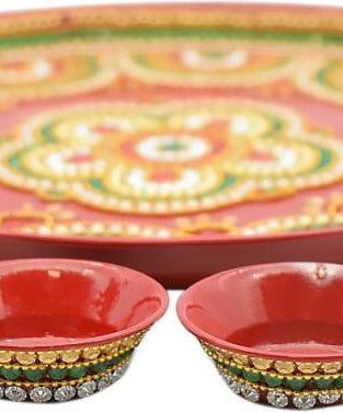 Beautiful Kundan Fancy Pooja Plate, Metal Colorful Pooja Thali Set.