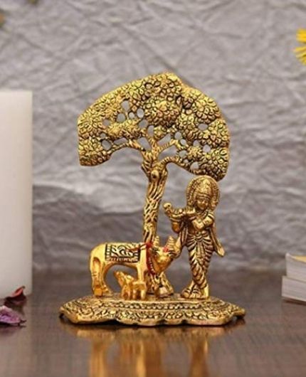 Gold Plated Radha Krishna Statue Sitting Under Tree