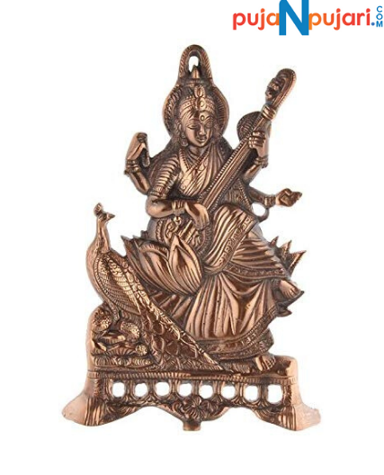 Metal Saraswati With Peacock Wall Hanging
